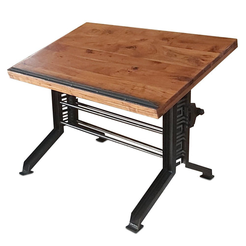 Industrial Drafting Desk Table – Art Deco Iron Crank Base – Tilt Top - Rustic Deco Incorporated