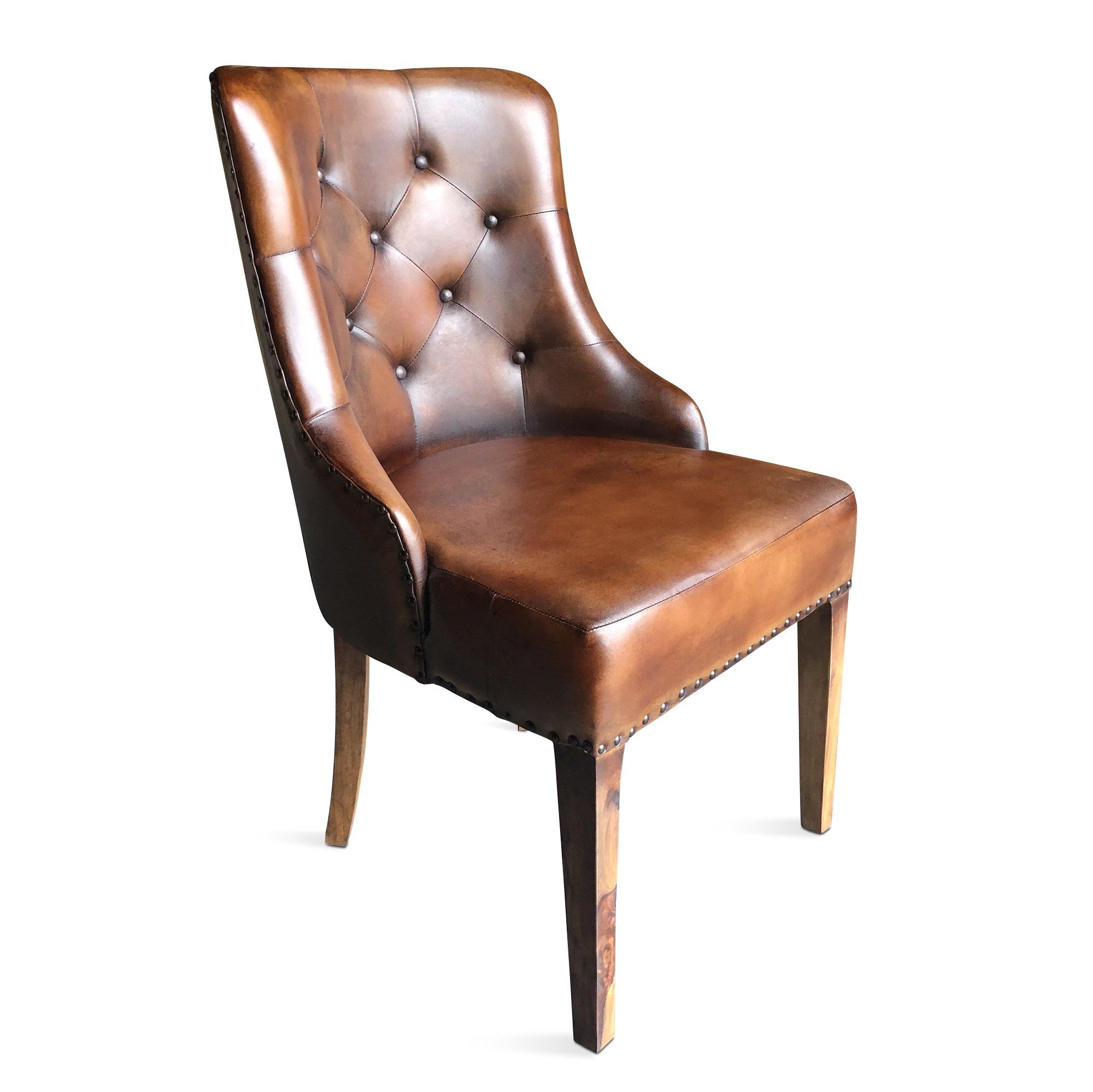 brown leather dining chair  tufted distressed accent