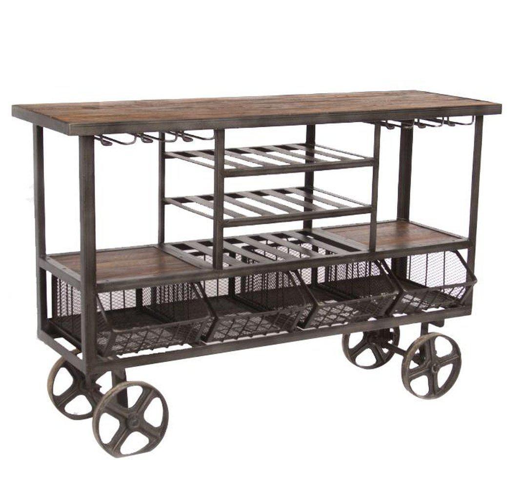 Industrial Teak Large Bar Cart Bar Trolley Reclaimed Teak Cast Iro