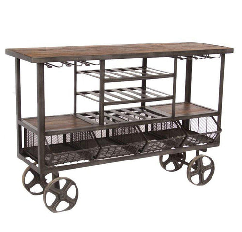 Industrial Teak Large Bar Cart Bar Trolley - Reclaimed Teak - Cast Iron - Rustic Deco Incorporated