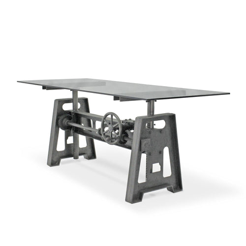 Industrial Writing Table Desk - Adjustable Height Iron Base - Glass Top - Rustic Deco Incorporated