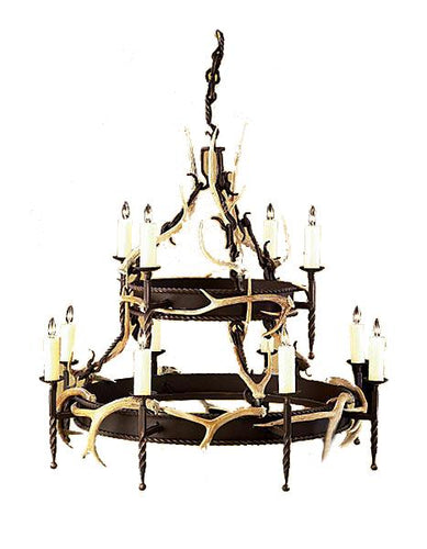 Large Round Lodge Hand Forged Iron Chandelier with Real Antlers-Rustic Deco Incorporated