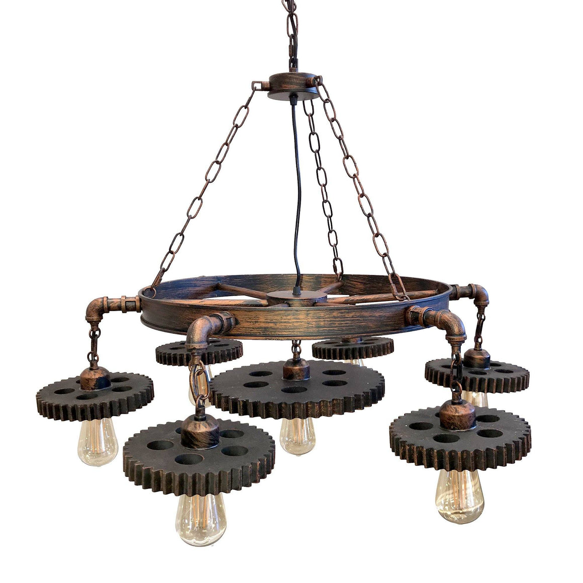 Industrial Iron Pipe Gear Wheel Light Chandelier - 7 Steampunk Cogs - Rustic Deco Incorporated