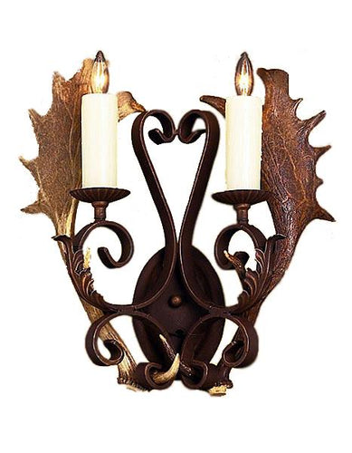 Ornate Hand Forged Iron Wall Sconce with Real Antlers - Western - Lodge-Rustic Deco Incorporated