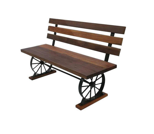 Rustic Ranch Wagon Wheel Bench - Iron Wheels - Reclaimed Wood Seat - Rustic Deco Incorporated