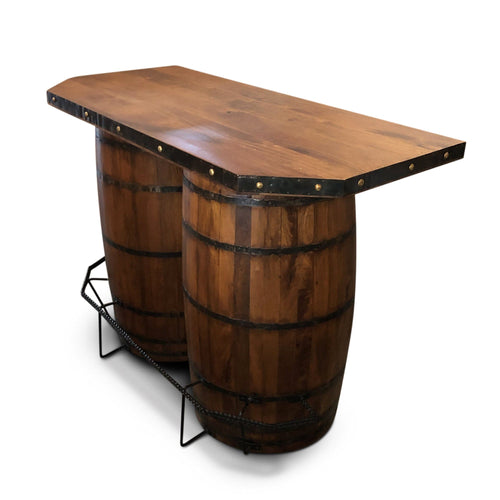 Rustic Repurposed Barrel Home Bar Table - Iron Foot Rest - Solid Wood-Rustic Deco Incorporated