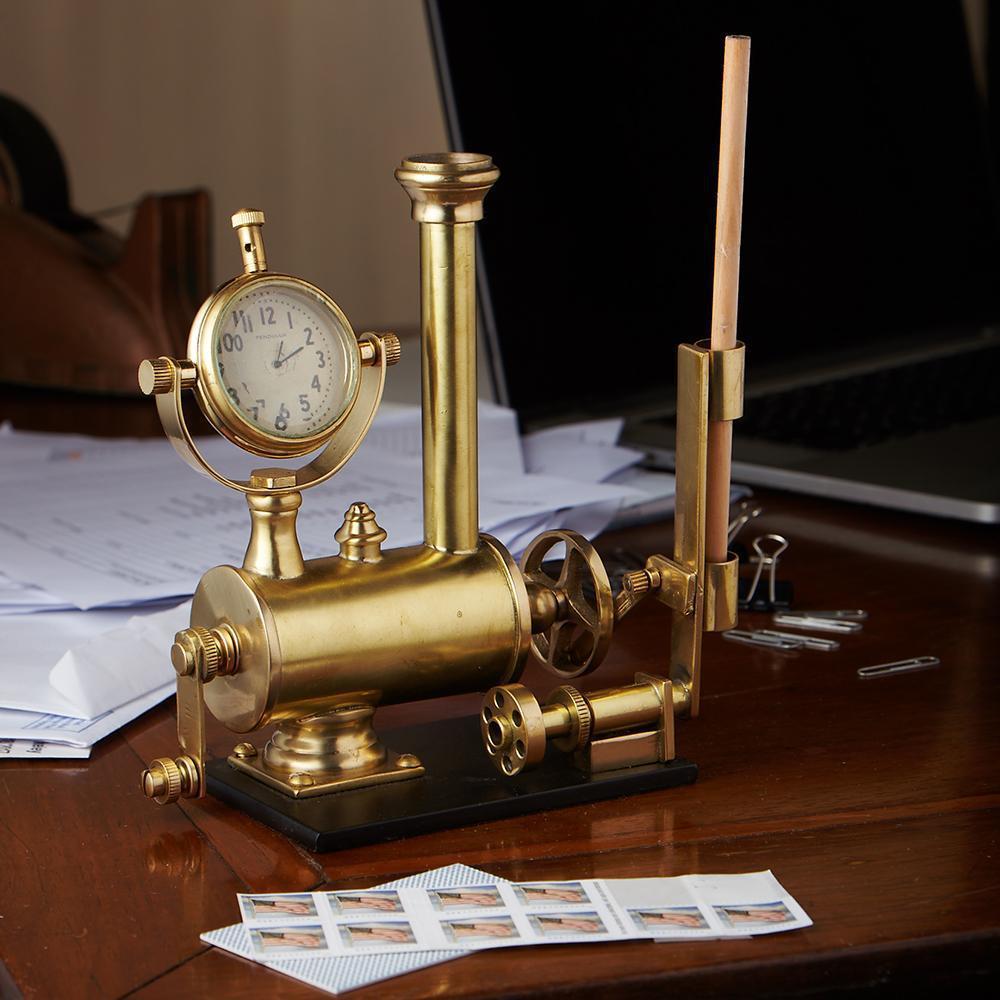 Steampunk Brass Archimedes Desk Set Solid Brass Desk Clock Penci