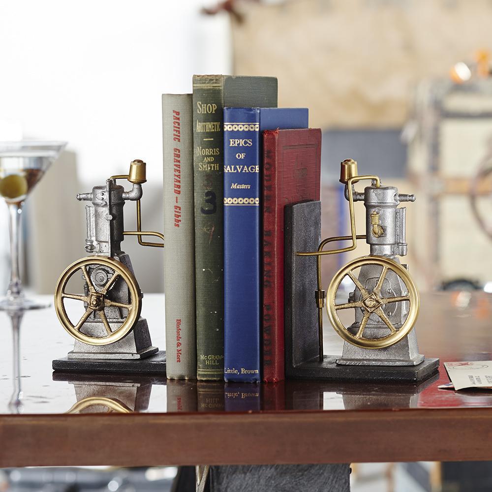 Vertical Steam Engine Bookends Cast Metal Solid Brass Fittings