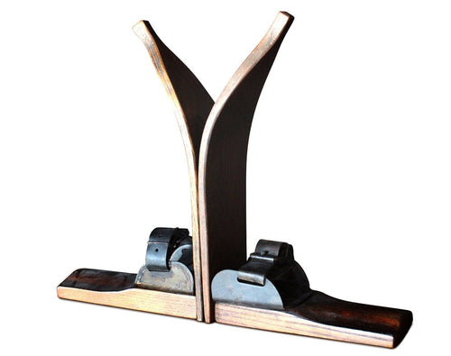 Wooden Ski-Tip Bookends - Leather Strap - Metal - Skiing Retro Rustic-Rustic Deco Incorporated