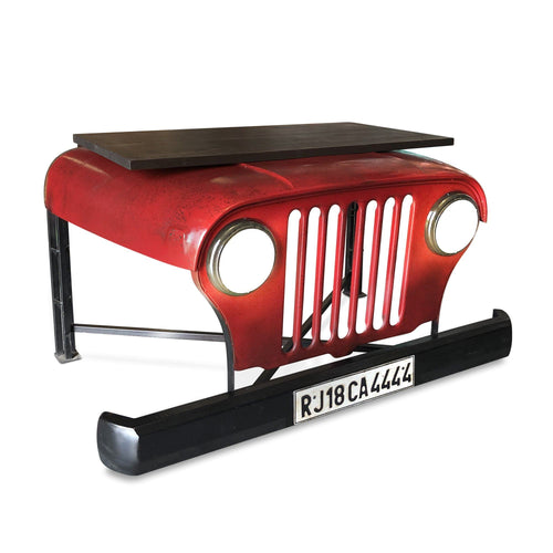 Willys Jeep Office Desk - Working Headlights - Red - Industrial - Hardwood Top-Rustic Deco Incorporated