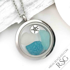 Real Sea Glass Locket Necklace with Turquoise Sea Glass