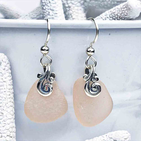Depression-Era Pink Sea Glass Earrings with Sterling Silver Ocean Waves Findings