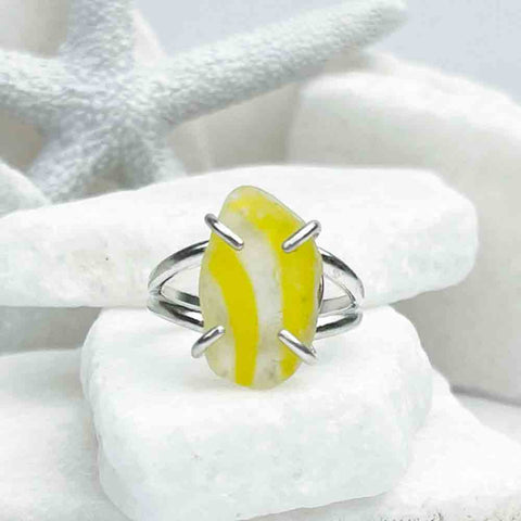 Beaming Yellow English Multi Sea Glass Ring in Sterling Silver Size 8