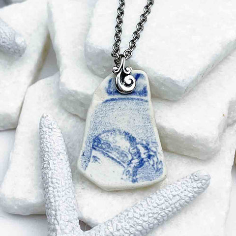 Vintage Blue and White Scottish Sea Shard Pottery Pendant with Grecian Profile