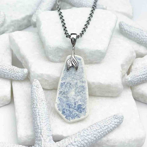 Faded Blue Sea Pottery Shard Pendant with Mermaid Tail