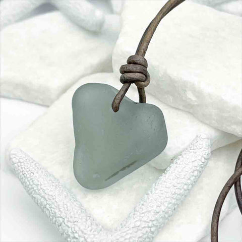 Vintage Automobile Gray Heart Sea Glass Leather Necklace