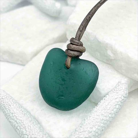 True Teal Heart Shaped Sea Glass Leather Necklace