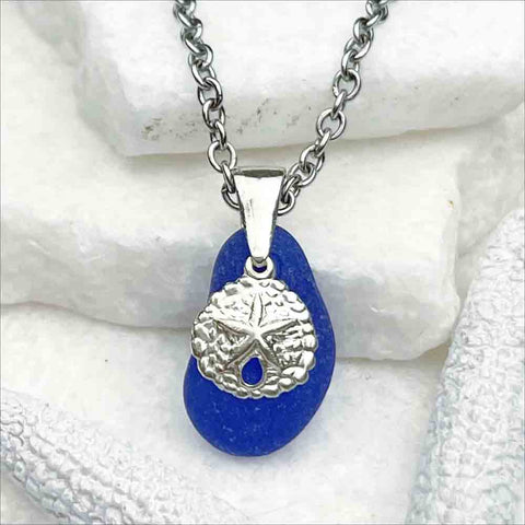 Cobalt Blue Sea Glass Jellybean Pendant with Sand Dollar Charm