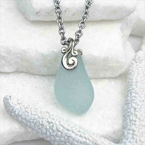 Ice Aqua Sea Glass Pendant with Sterling Silver Ocean Waves