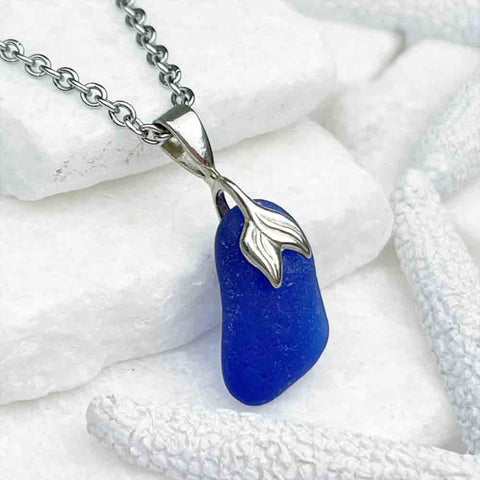 Mermaid Tail Cobalt Blue Sea Glass Pendant