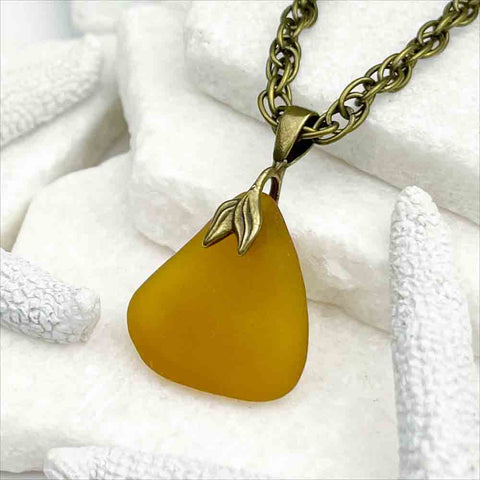 Honey Amber Sea Glass and Bronze Mermaid Tail Pendant