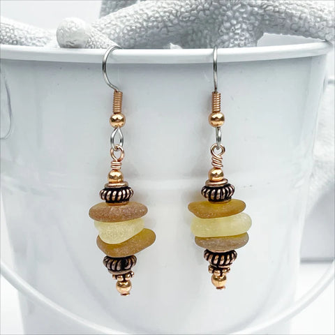 Amber Sea Glass Stack Earrings with Copper Beads
