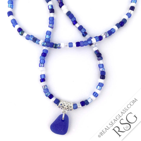 Cobalt Blue Sea Glass Beaded Necklace