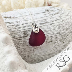 Deep Red Sea Glass Sterling Ocean Waves Pendant