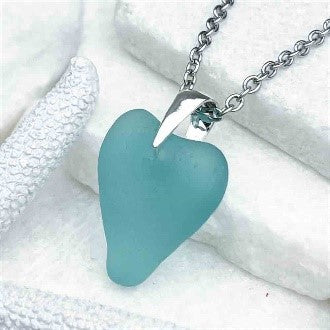 Vivid Bright Aqua Sea Glass Heart Pendant 