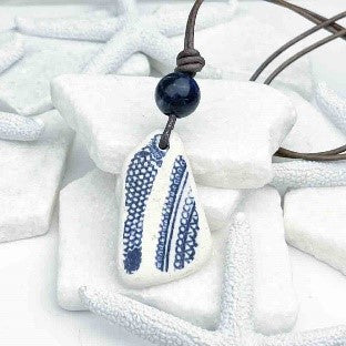 Dark Blue and White Sea Shard and Stormy Blue Sodalite Leather Necklace