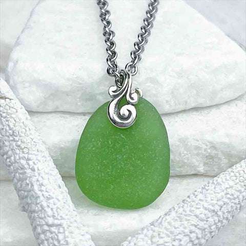 Graceful Oval-Shaped Green Sea Glass Pendant with Sterling Silver Ocean Waves Bail|Real Sea Glass |Genuine, Real Sea Glass Since 1976 | View our Extensive Collection of Real Sea Glass Necklaces, Pendants, Earrings, Rings, Bracelets and Anklets