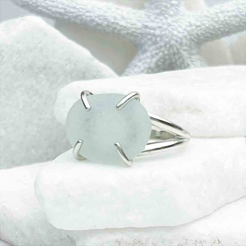Horizontally Set Soft Blue Sea Glass Ring in Sterling Silver Size 7 