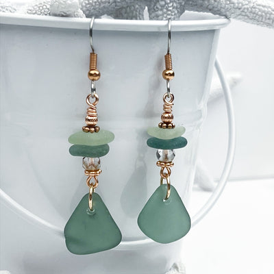 Green Sea Glass & Swarovski Crystal Earrings