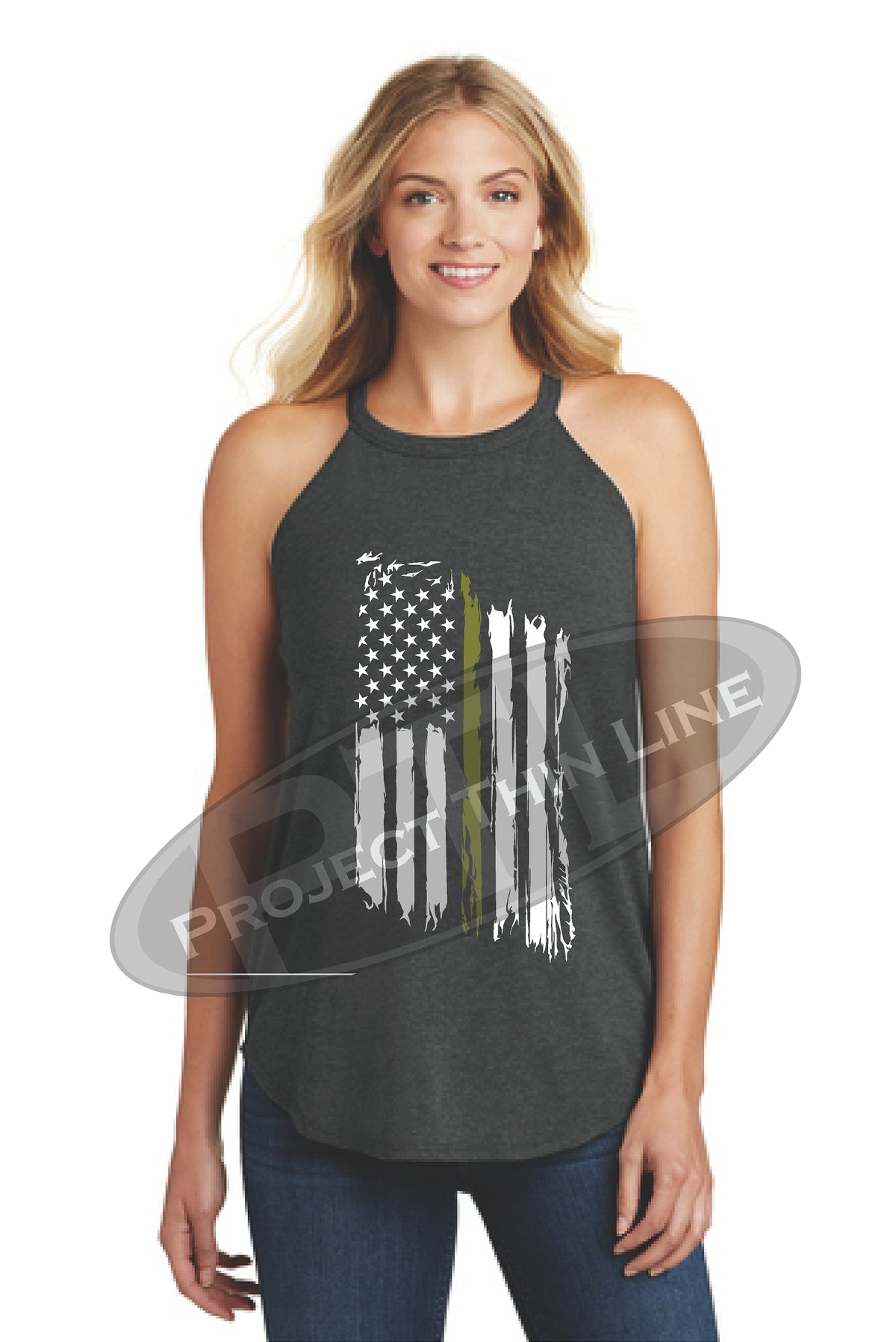 Women's Thin GOLD Line Tattered American Flag rocker Tank Top - Project ...