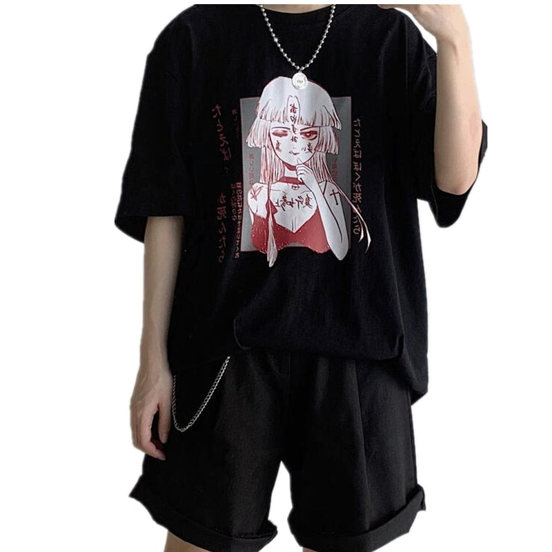 Harajuku Kawaii Anime Printed T-shirt Gothic Oversized Black Tee ...