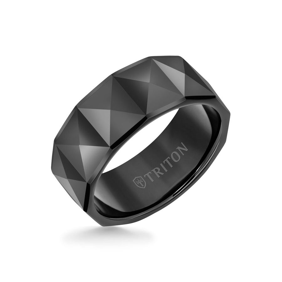 9MM Tungsten Carbide Ring - Faceted Diamond Pattern and Flat Edge