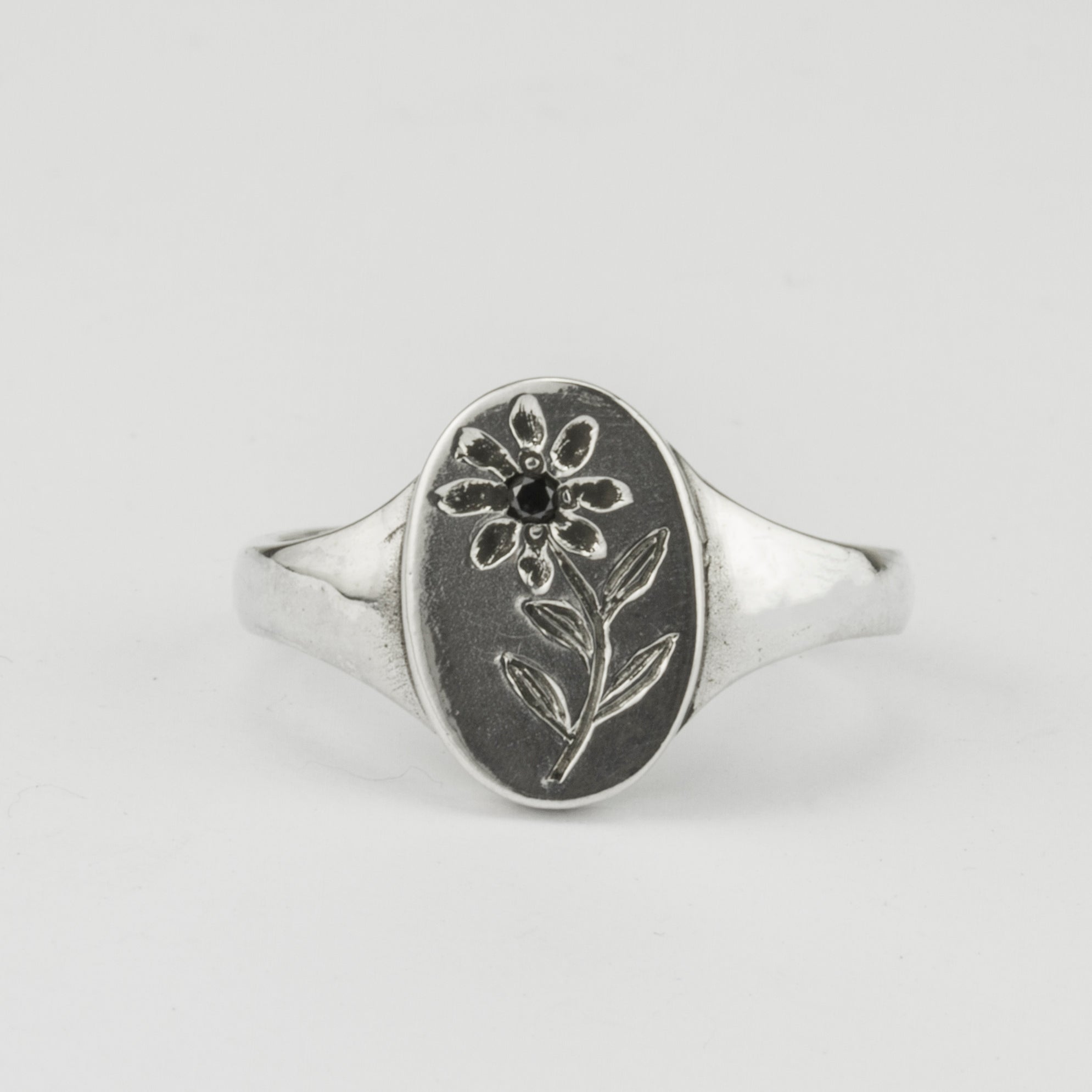 Engraved Flower and Black Diamond Signet