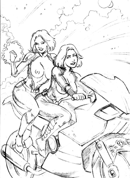 Captain Marvel and Black Widow on a Thanos Chopper