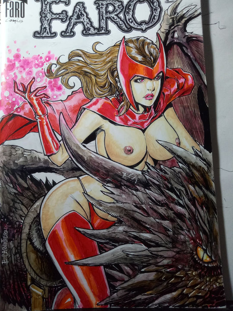 Scarlet Witch riding a bloody dragon