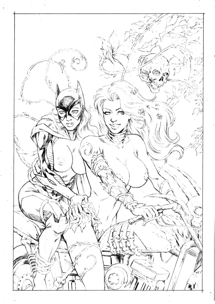 Batgirl and Poison Ivy Topless on a Black Mask Chopper