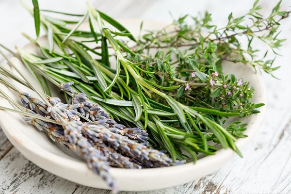 bunch of herbs on the plate