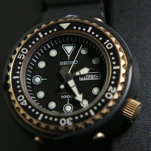 Seiko Prospex 2018 Marinemaster Professional Quartz Titanium 1000M Diver Gold-Black Tuna S23626J1 www.watchoutz.com