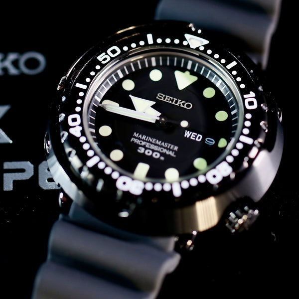 Seiko Prospex Marine Master Quartz Professional 300M Diver Darth Tuna Men's Watch SBBN035 www.watchoutz.com