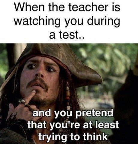 Funny teacher meme with Captain Jack Sparrow making a funny thinking face like students do when they fake knowing test answers