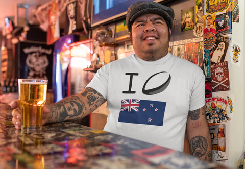 New Zealand Rugby Fan Drinking Beer with National Shirt