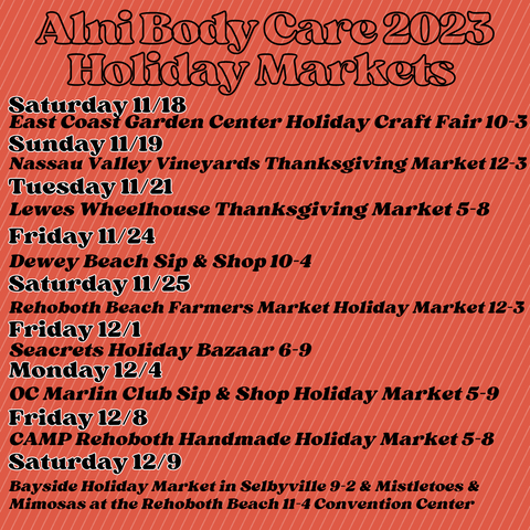 Alni Body Care 2023 Holiday Market Schedule Part 1