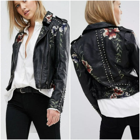 Margaret - Japanese Style Flower Embroidered Faux Leather Jacket ...