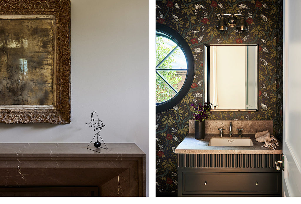 Studio Life/Style brown floral wallpaper in powder room and console detail