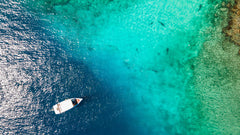View from Above the Ocean with Boat and Swimming Sharks