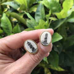 Scrimshaw Cuff Links held in front of green leaves